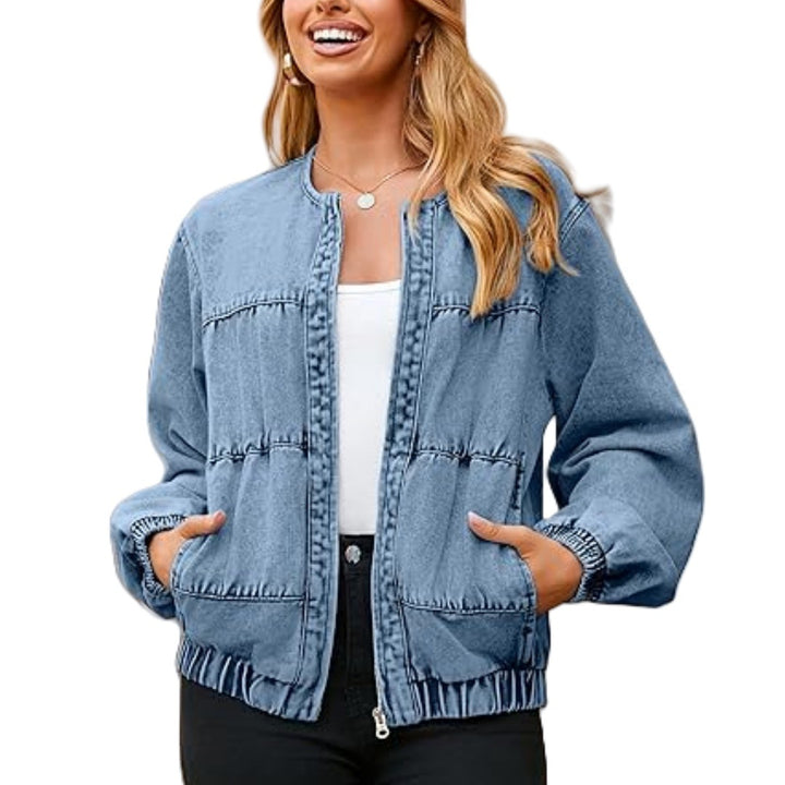 Damen Jeansblouson im Bomberstil mit Rundhals, Galonnähten und elastischem Saum Drune