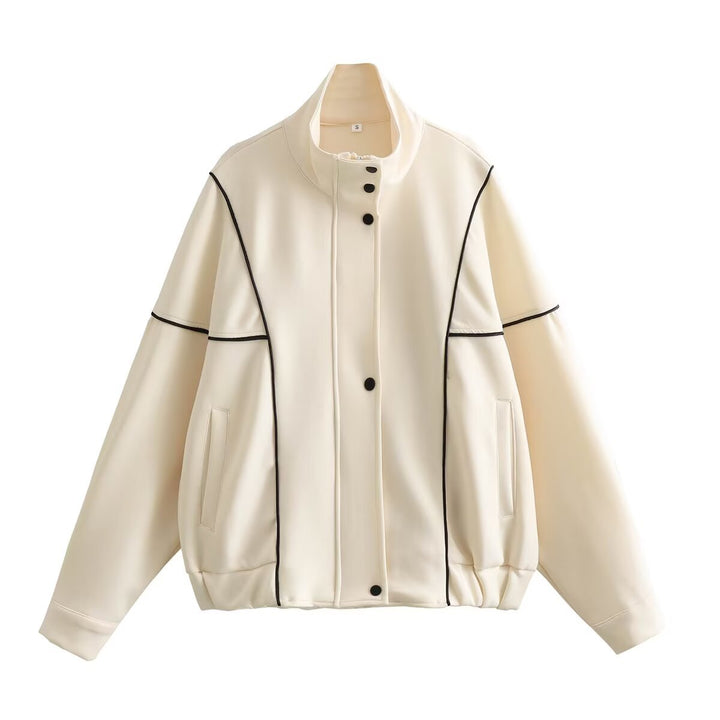 Damen Boxy Oversize Bomberjacke mit Kontrastpaspeln und Stehkragen Drune