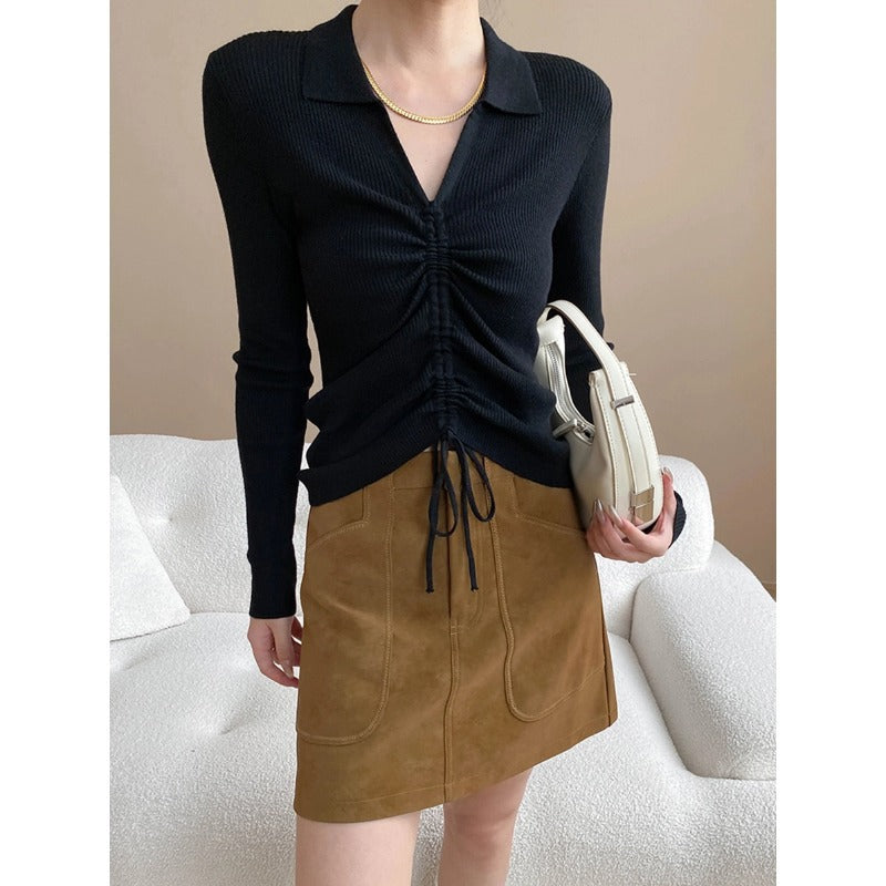 Damen figurbetontes Rippenshirt mit Schnürdetails Drune