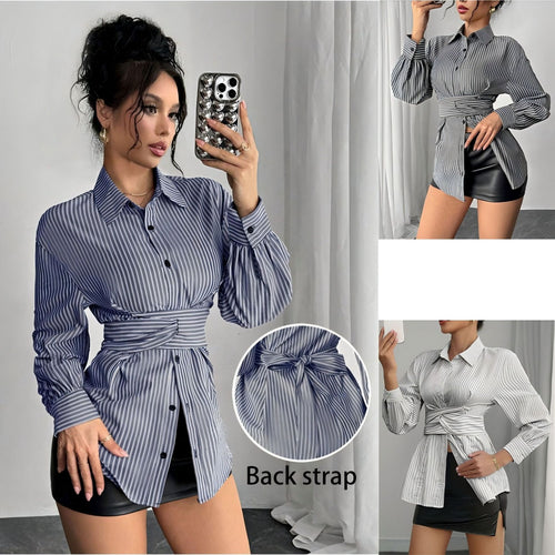 Damen Modische gestreifte Hemdbluse mit Taillenbindung Drune