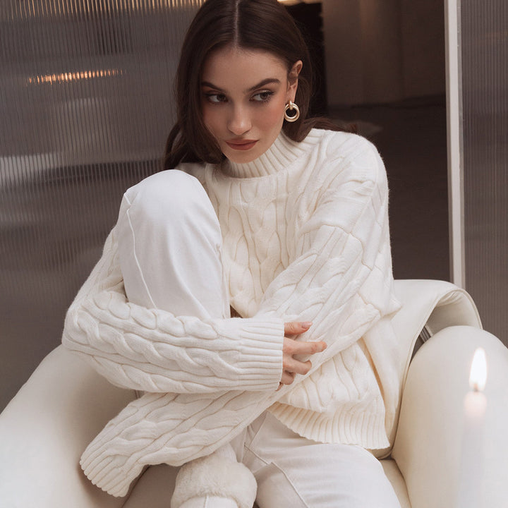 Damen Gemusterter Strickpullover mit hohem Kragen Drune
