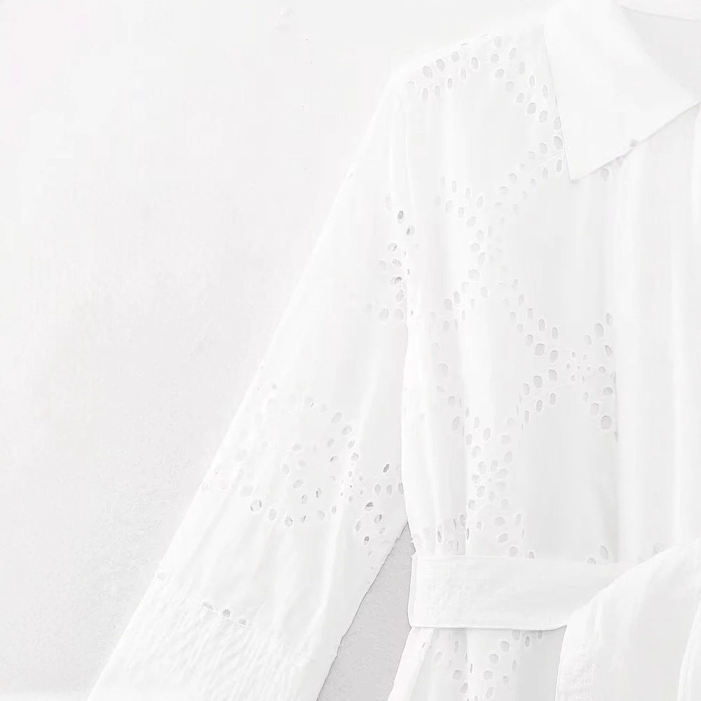 Damen nan langes Broderie-Anglaise Hemdblusenkleid mit Taillengürtel Drune