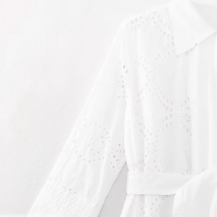 Damen nan langes Broderie-Anglaise Hemdblusenkleid mit Taillengürtel Drune