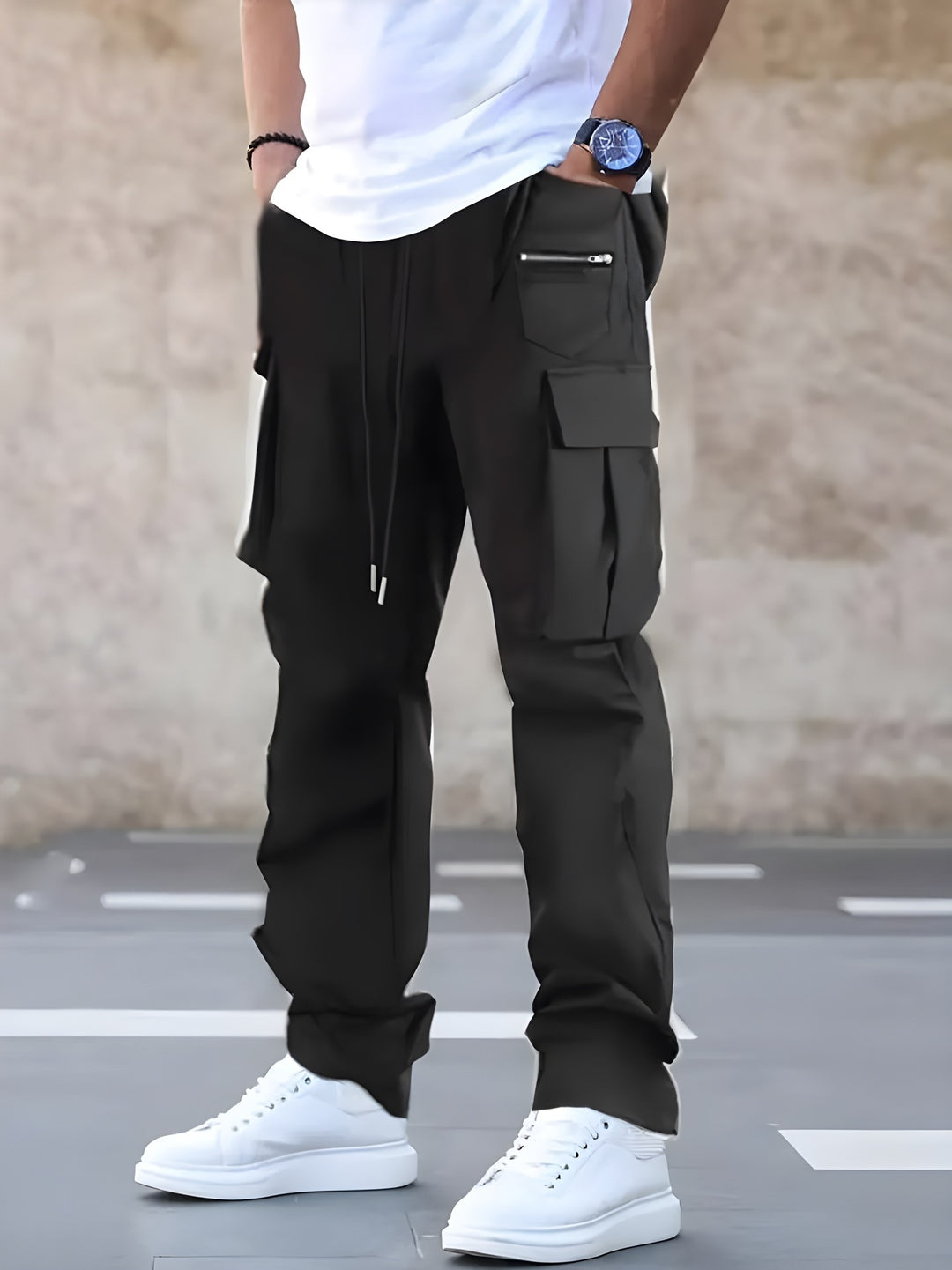 Herren Weite Cargo‑Hose im Baggy‑Cut mit Tunnelzugbund, Zipper‑Tasche & Klappfächern Drune
