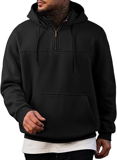 Herren Kapuzenpullover mit halbem Reißverschluss, Kängurutasche und gerippten Bündchen Drune