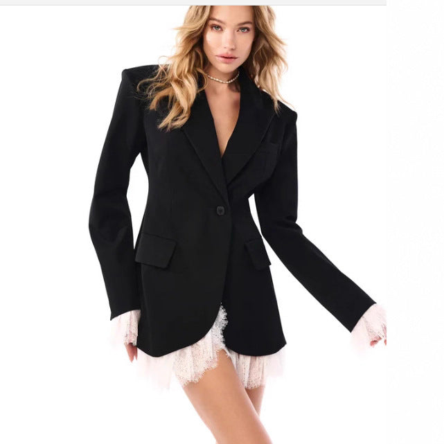 Damen nan längerer taillierter Blazer-Mantel mit Reverskragen und Pattentaschen Drune
