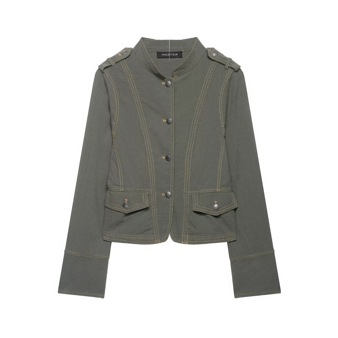 Damen Kurze Utility-Jacke mit Stehkragen, Schulterklappen und aufgesetzten Pattentaschen Drune