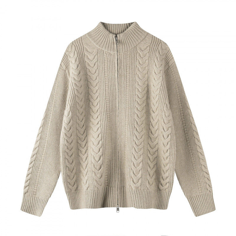 Damen Grobgestrickter Zopfstrick-Cardigan mit durchgehendem Reißverschluss und Stehkragen Drune