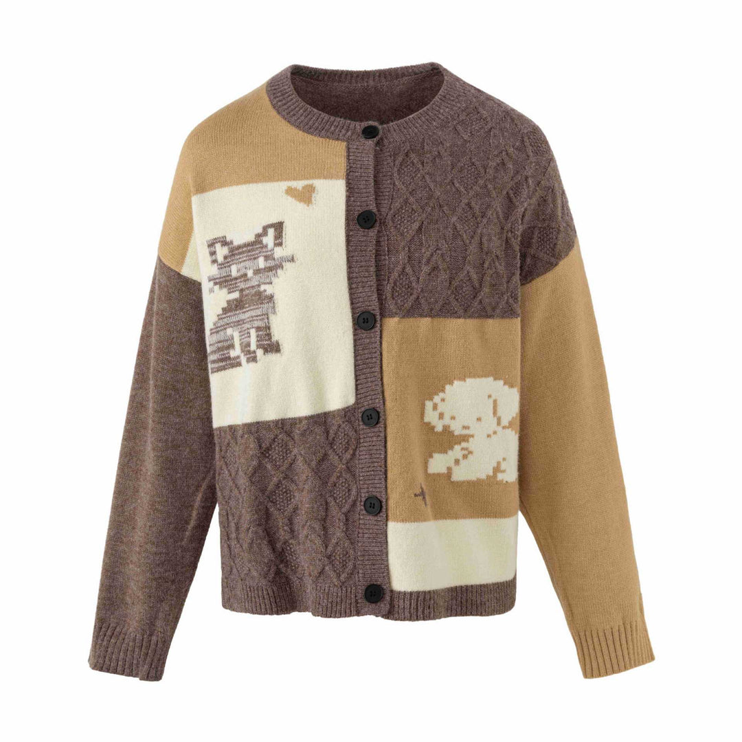 Damen Strickcardigan im Patchwork‑Look mit Zopfmuster und Rundhalsausschnitt Drune