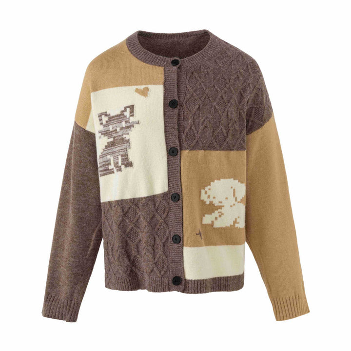 Damen Strickcardigan im Patchwork‑Look mit Zopfmuster und Rundhalsausschnitt Drune