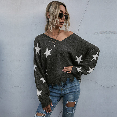 Damen Lässiger Oversized Pullover mit Sternen Drune