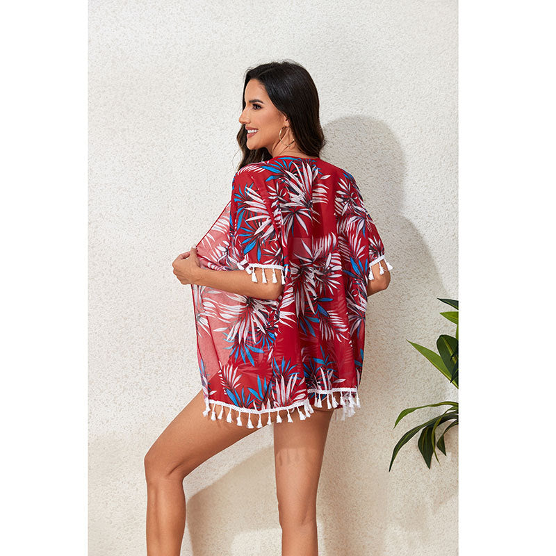 Damen Floral bedruckte Strandjacke mit fransenverziertem Abschluß und dazu passendem Bikini Drune