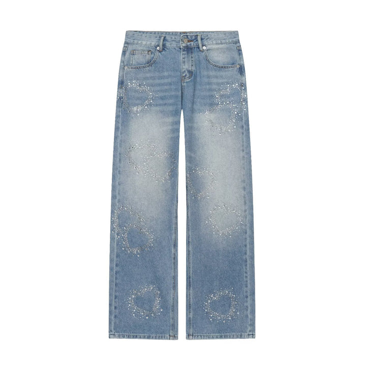 Damen Weite Highwaist-Jeans mit geradem Bein und Herz-Strassbesatz Drune