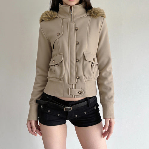 Damen Kurzgeschnittene Utility-Bomberjacke mit Stehkragen Kapuze und Kunstfellbesatz Drune