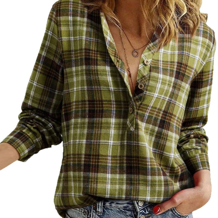 Damen Karo-Bluse im Oversize-Look mit V-Ausschnitt Knopfleiste und gerundetem Saum Drune