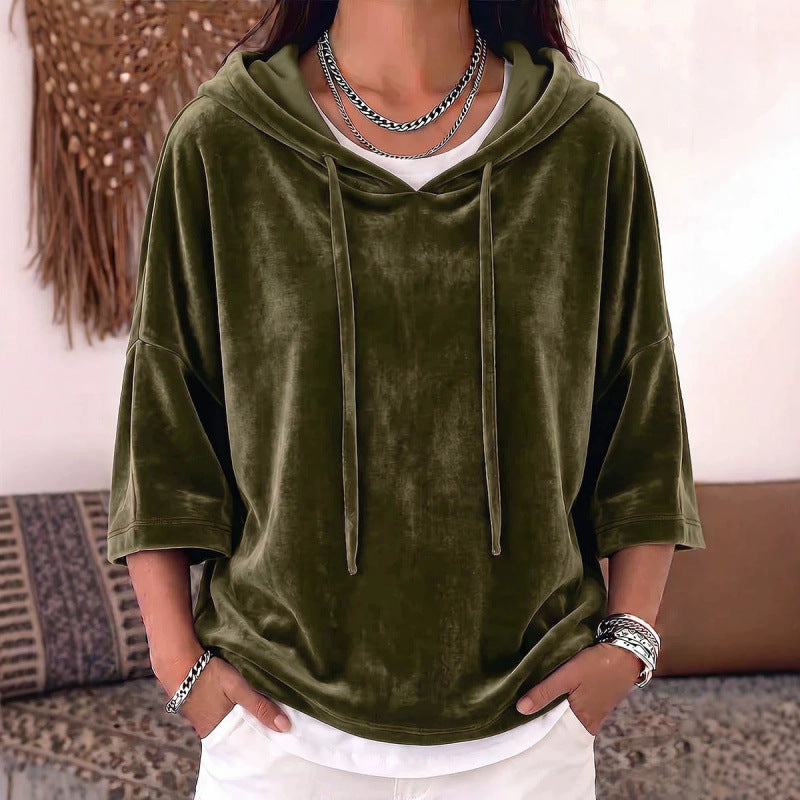 Damen Oversize Samt-Halbarm-Hoodie mit Kordelzug und Taschen Drune