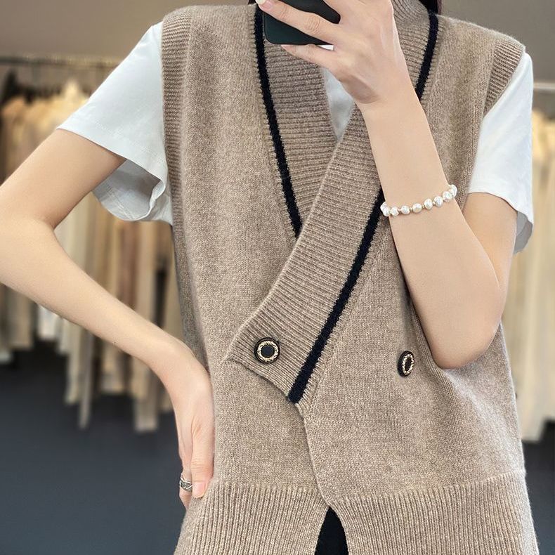 Damen modische Strickweste mit doppeltem Knopf Drune