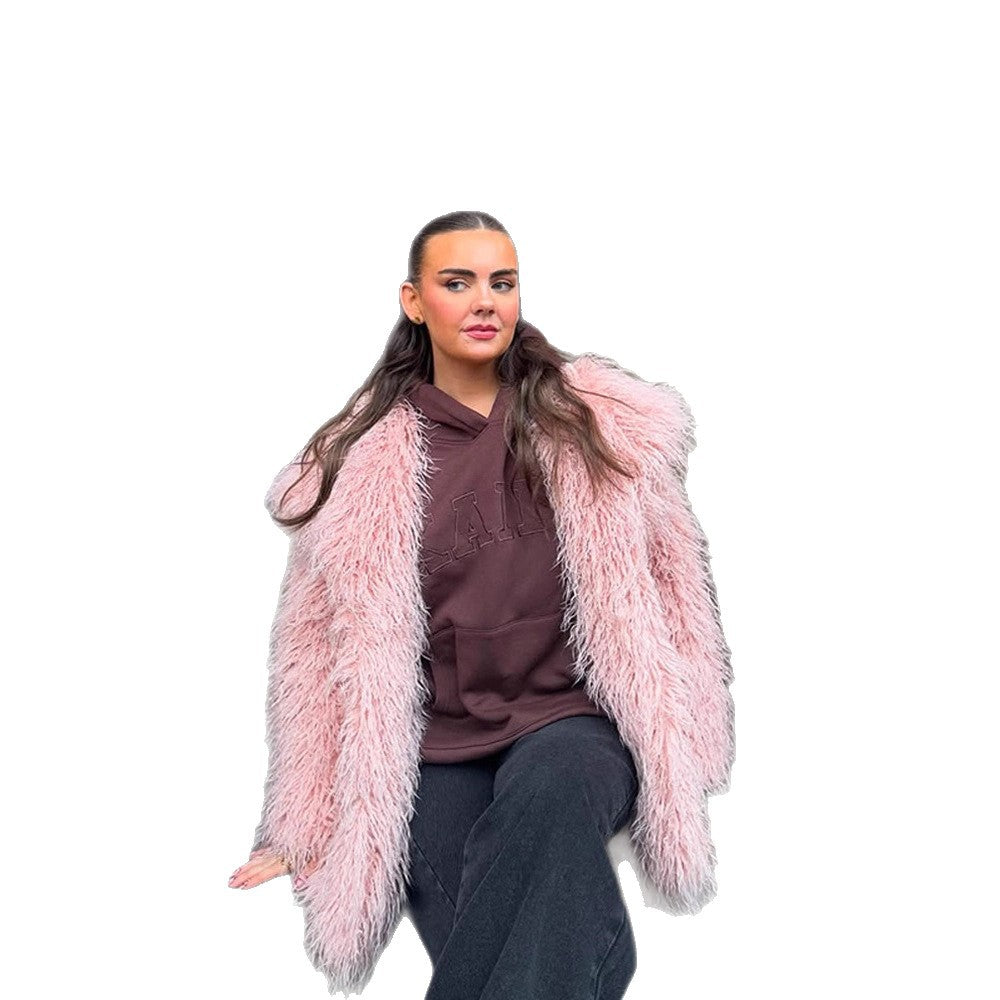 Damen Kurz geschnittener Oversize Kunstfell-Mantel mit voluminösem Schalkragen und lockiger Struktur Drune