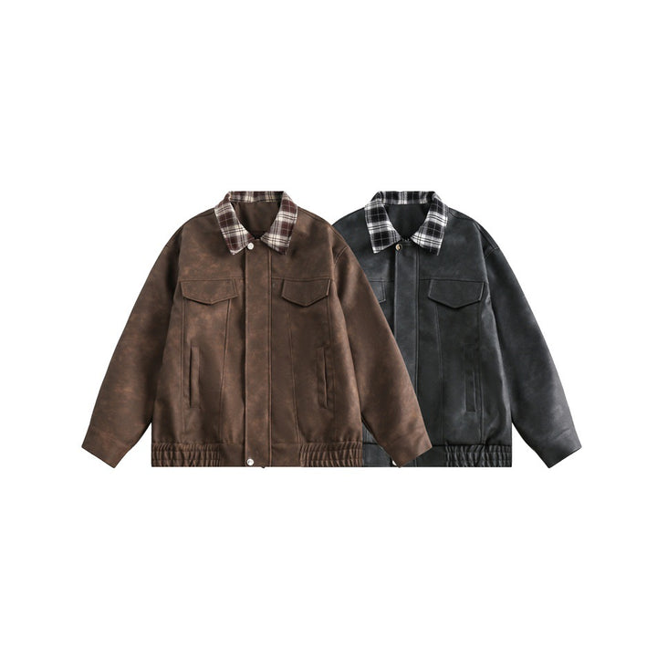 Herren Boxy Kunstleder‑Blouson mit kariertem Umlegekragen und Pattentaschen Drune