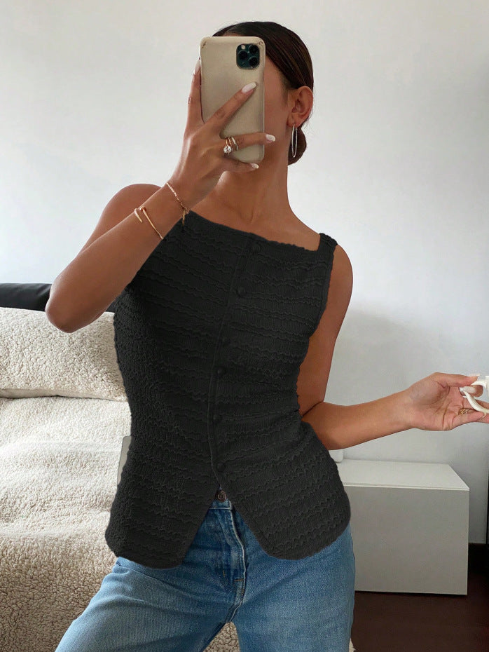 Damen Ärmelloses Struktur-Top mit Zierknopfleiste und Vorder‑Schlitz Drune