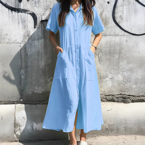 Damen Midi-Kleid mit Knopfleiste und praktischen Taschen Drune