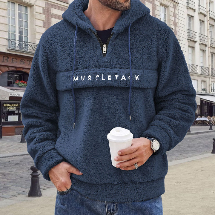 Herren Teddy-Fleece Kapuzenpullover mit halbem Reißverschluss, Kängurutasche und weichem Innenfutter Drune