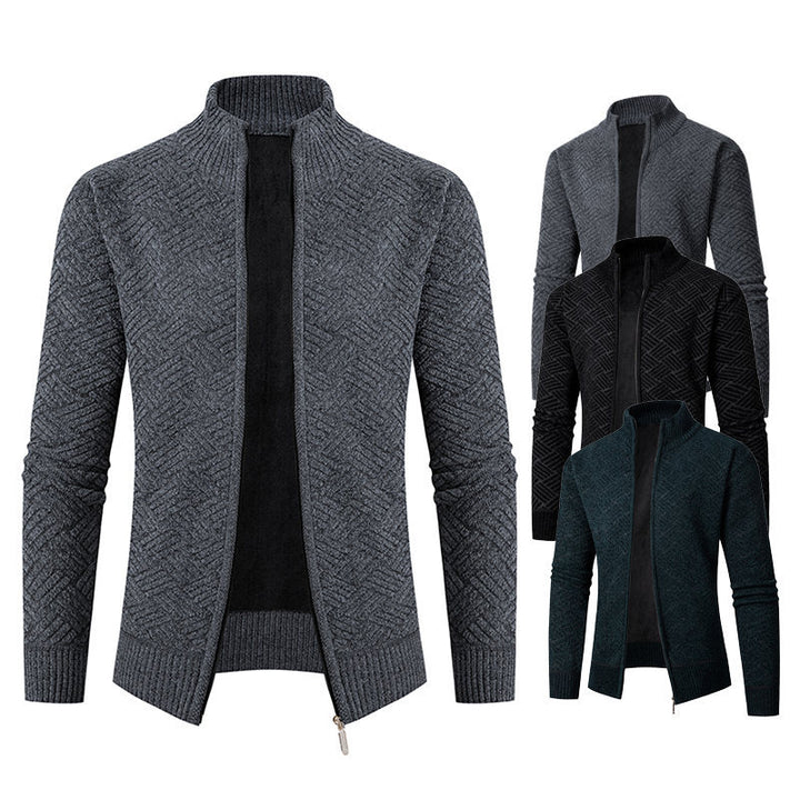 Herren Thermo-Strickjacke mit durchgehendem Reißverschluss, gefüttertem Stehkragen und geometrischem Strukturmuster Drune