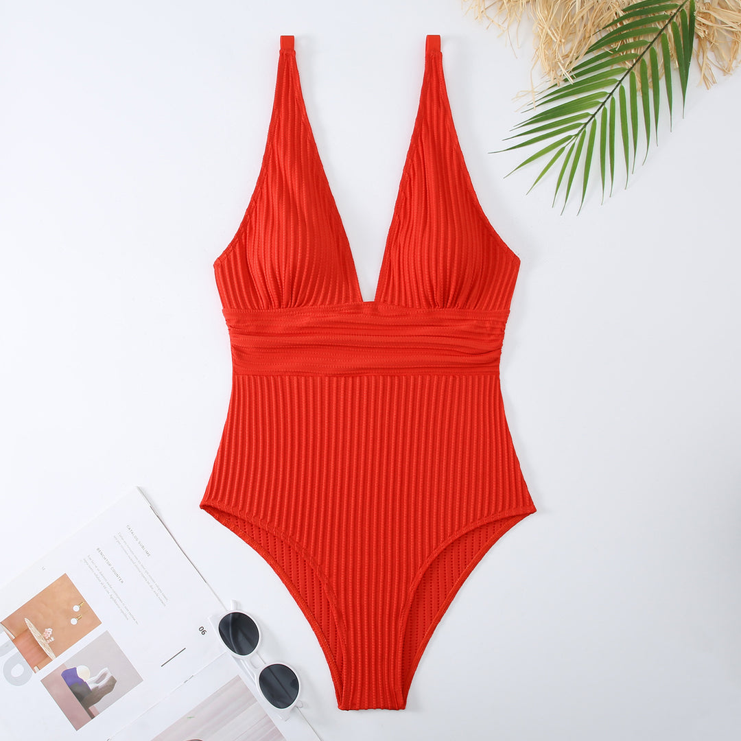 Damen Einteiliger Badeanzug mit figurbetontem Design und tiefem V-Ausschnitt Drune