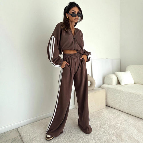 Damen cropped Zip-Hoodie mit voluminösen Ballonärmeln und High-Waist Relaxhose im sportlichen Seitenstreifen-Design Drune