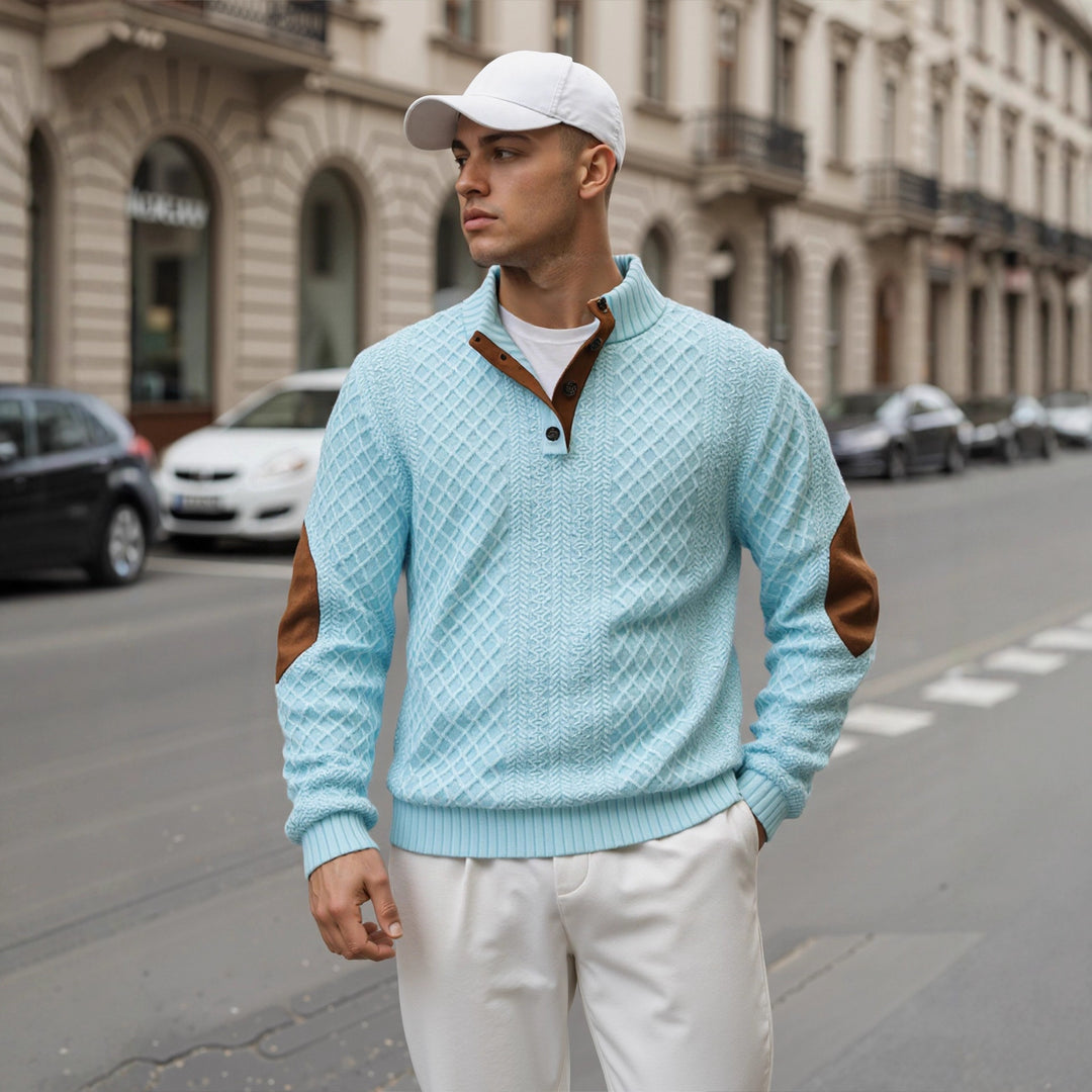 Herren Troyer-Pullover mit Stehkragen, strukturierter Strickoptik und Kontrast-Ellbogenpatches Drune