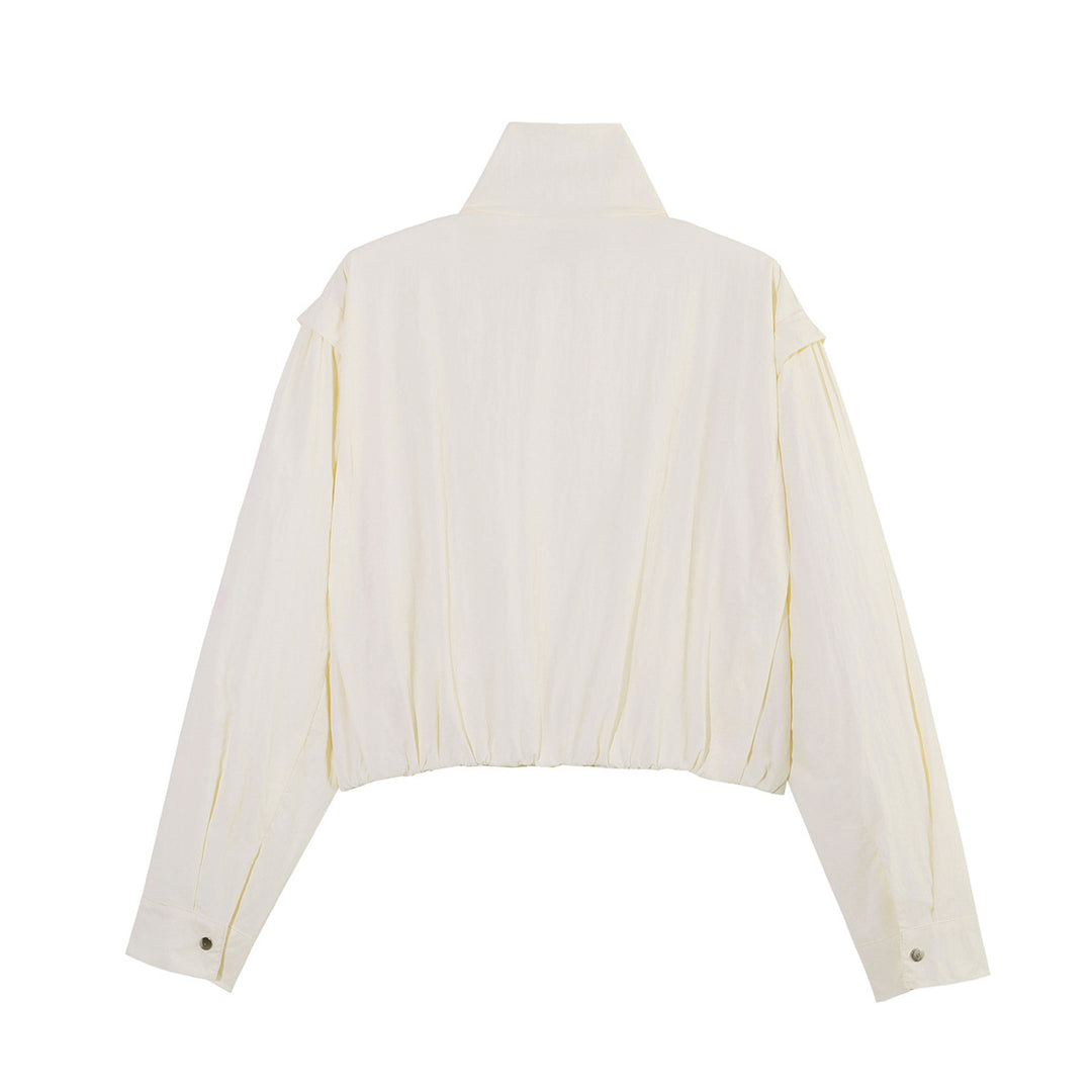 Damen Kurze Cropped-Übergangsjacke mit Stehkragen, geraffter Schulterpasse und Ballonärmeln Drune