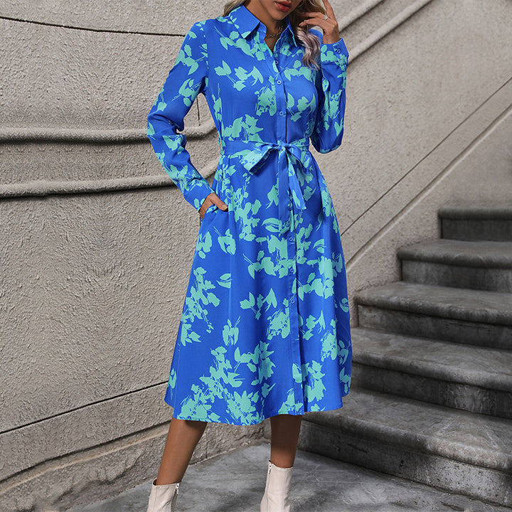 Damen majestätisches Hemdblusenkleid mit floralen Akzenten und bindbarem Gürtel Drune