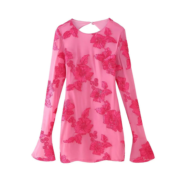 Damen nan bestickte Chiffonbluse mit floraler 3D-Applikation, Cut-Out Rücken und ausgestellten Manschetten Drune