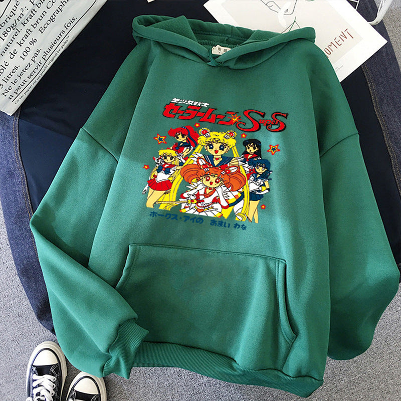 Damen nan Oversize-Kapuzenpullover mit gerautem Fleecefutter, Retro‑Anime‑Print und Kängurutasche Drune