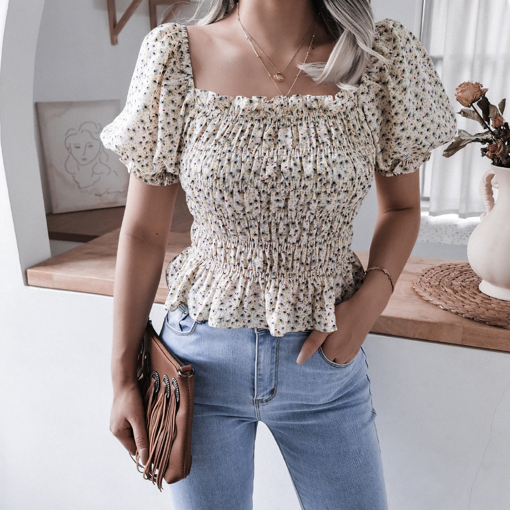 Damen Volantbluse mit elastischer Taille und Puffärmeln Drune