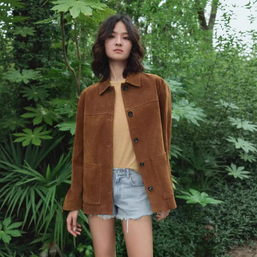 Damen Suedejacke im modernen Schnitt mit großen Taschen Drune