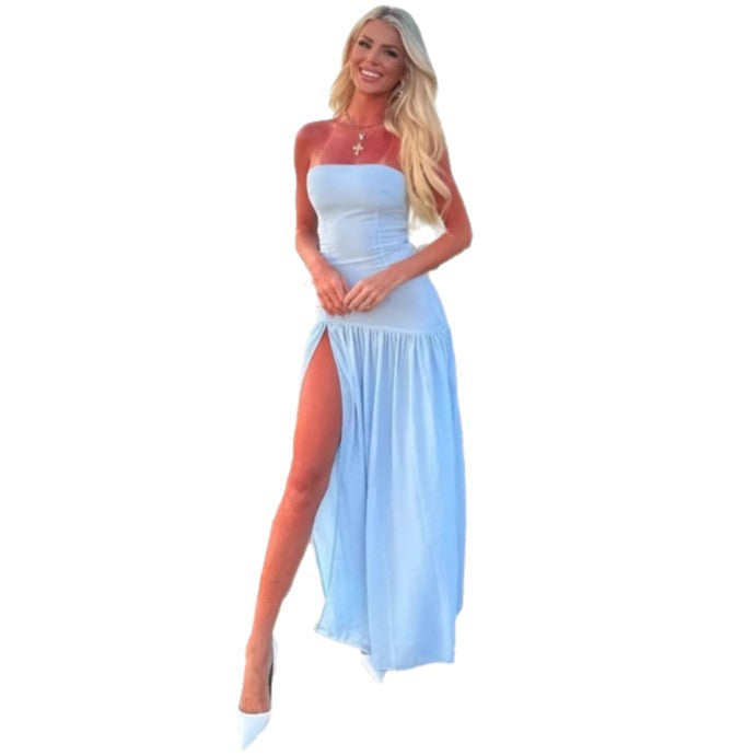 Damen Charmantes schulterfreies Maxikleid mit hohem Schlitz und fließendem Faltenrock Drune