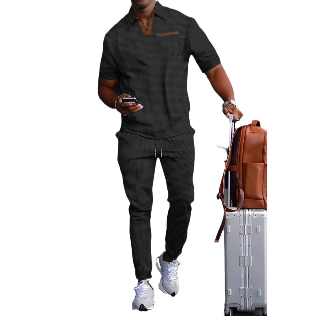 Herren nan lässiges Freizeitset aus elastischem Jersey mit V-Ausschnitt Brusttasche und Kordelbund Drune