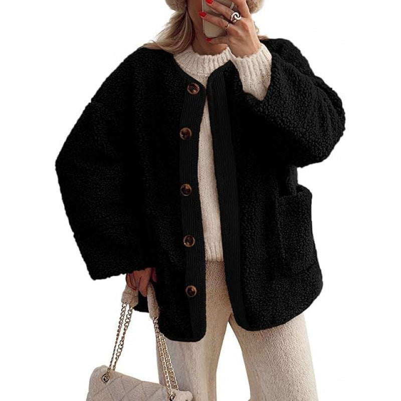Damen Kuschelige Teddyjacke mit Knopfverschluss und aufgesetzten Taschen Drune