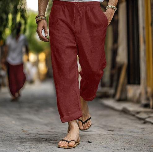 Herren lässige Leinen-Joggerhose mit elastischem Tunnelzugbund, seitlichen Eingrifftaschen und aufrollbarem Saum Drune