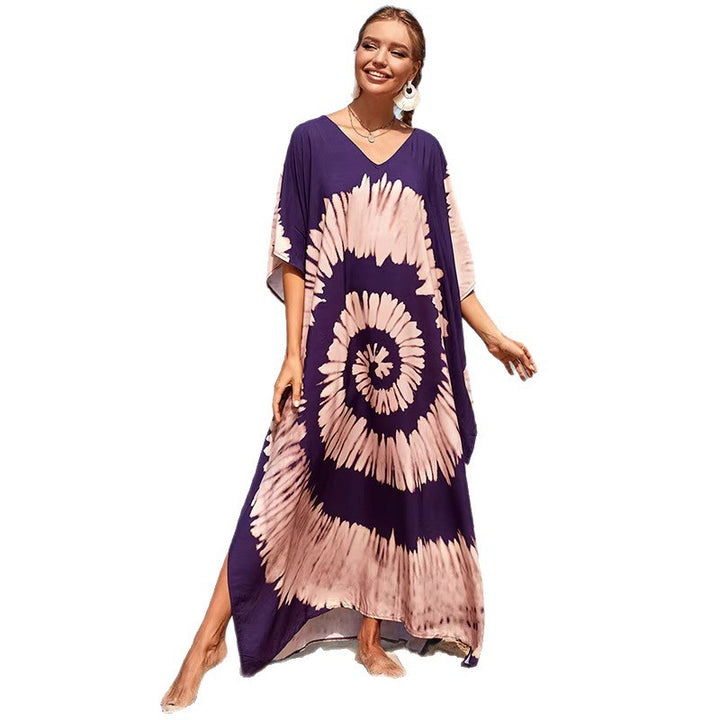 Damen Strandkleid mit buntem Batikdesign und weit geschnittenen Ärmeln Drune
