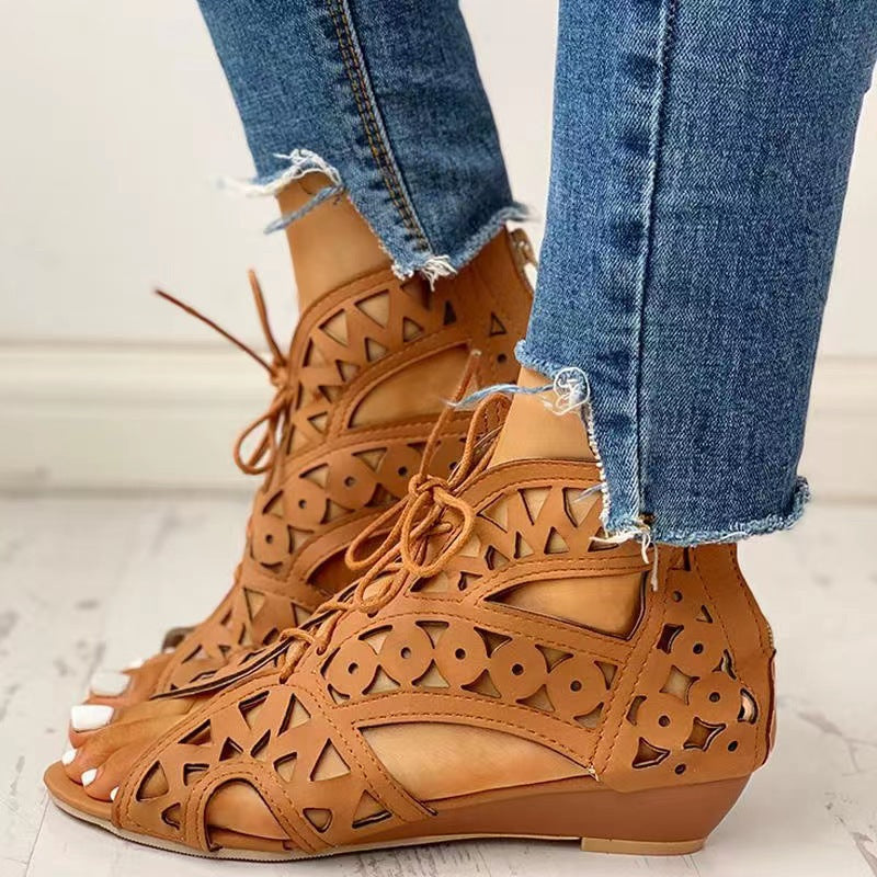 Damen Offene Schnürsandalen mit filigranem Schnitt und rutschfester Sohle Drune