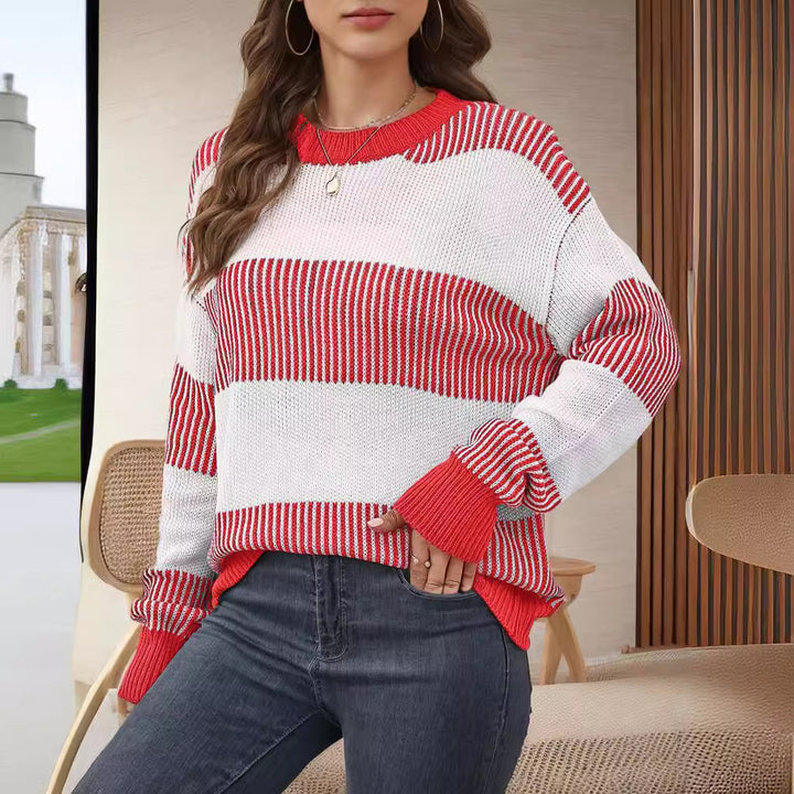Damen lässiger Strickpullover mit breiten Streifen und weitem Schnitt Drune