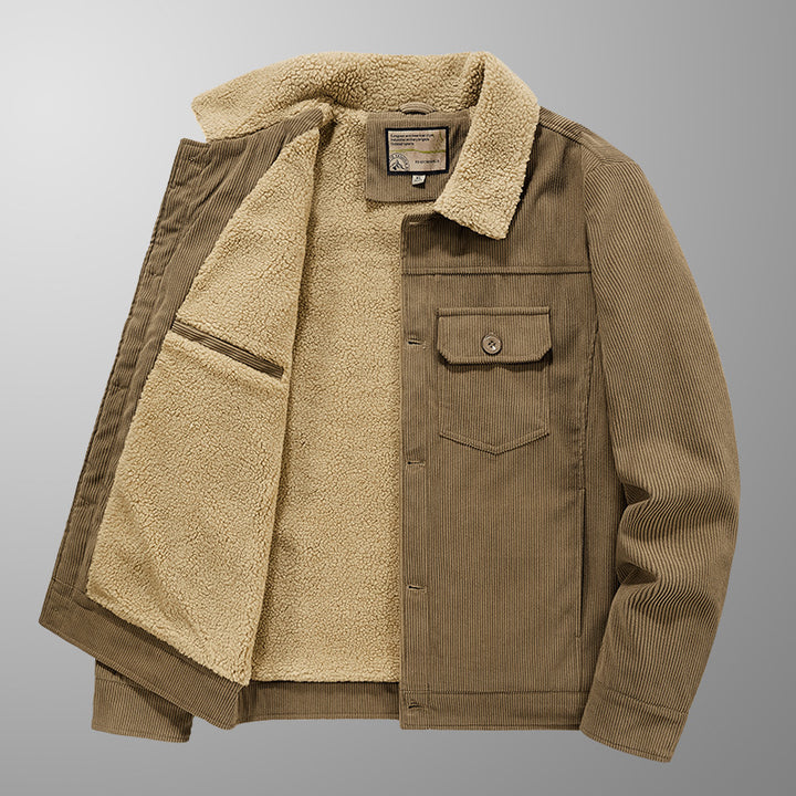 Herren Cord-Truckerjacke mit Sherpa-Innenfutter, Brustpattentasche und geradem Saum Drune