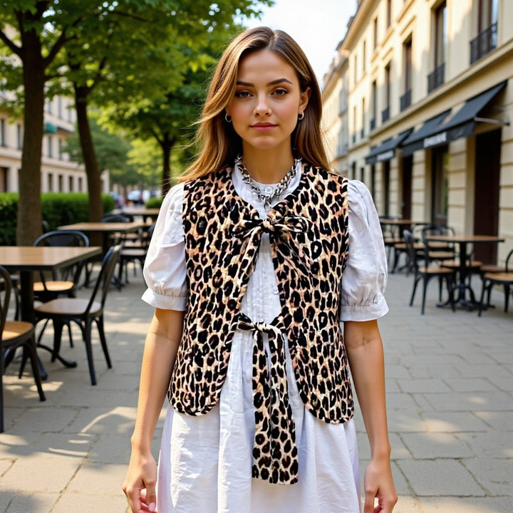 Damen Ärmellose Leopardprint-Bluse mit Doppelschleife und Keyhole-Front Drune