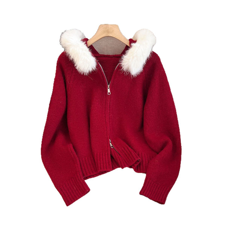 Damen Kuschelige Strickjacke mit abnehmbarem Kunstfellkragen Drune