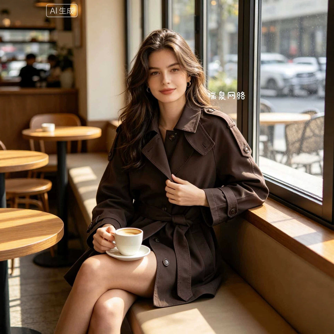 Damen Kurzer Cape‑Trench mit Bindegürtel und Epauletten Drune