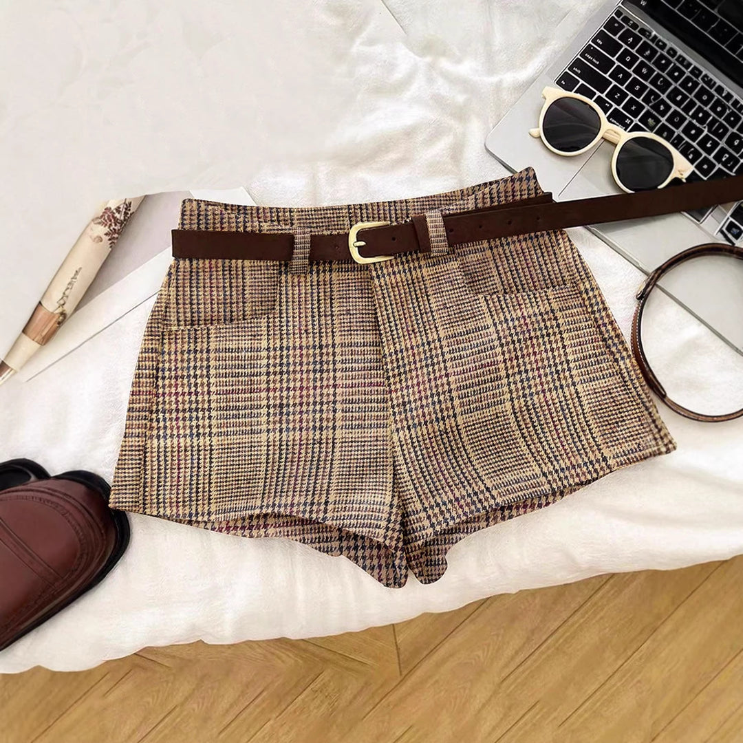 Damen Karierte Shorts mit Gürtelschlaufen Drune