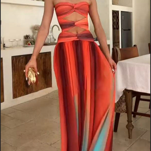 Damen Cut-Out Maxikleid mit fließendem Rock Drune