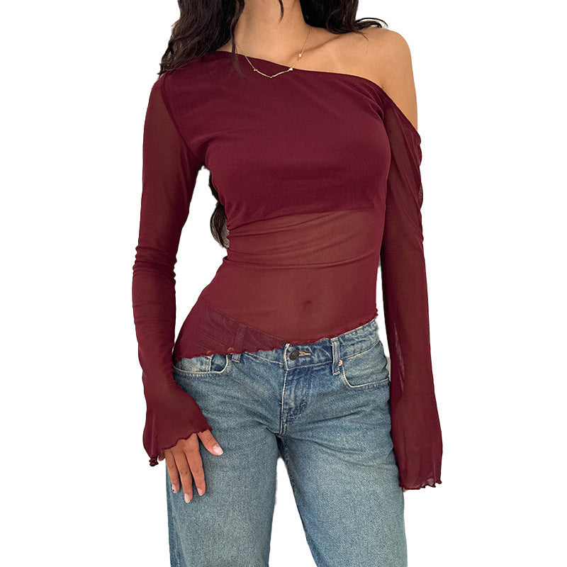 Damen asymmetrisches Langarmshirt mit transparenten Ärmeln und figurbetonter Silhouette Drune